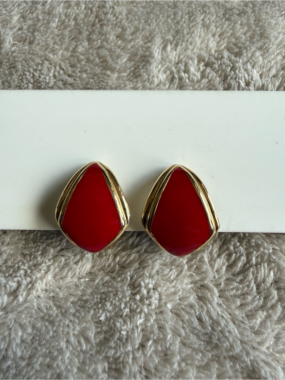 Vintage Monet Red Enamel and Gold Tone Clip Earrings